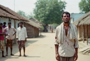 Representação artística de um pastor agredido na Índia 2026 em frente a um templo.
