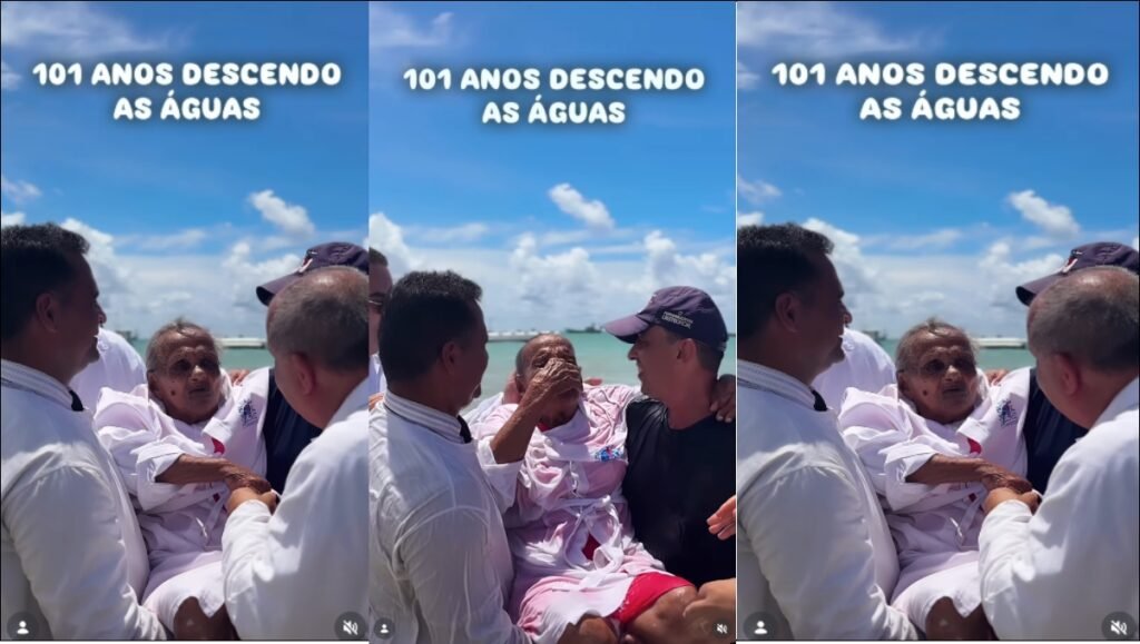 Batismo aos 101 anos: idosa de Pernambuco sendo batizada pelo Pastor Eslijanai Carlos