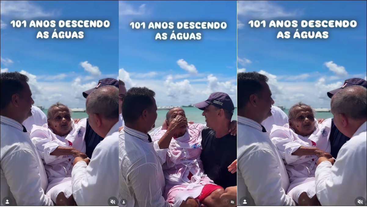 Batismo aos 101 anos: idosa de Pernambuco sendo batizada pelo Pastor Eslijanai Carlos