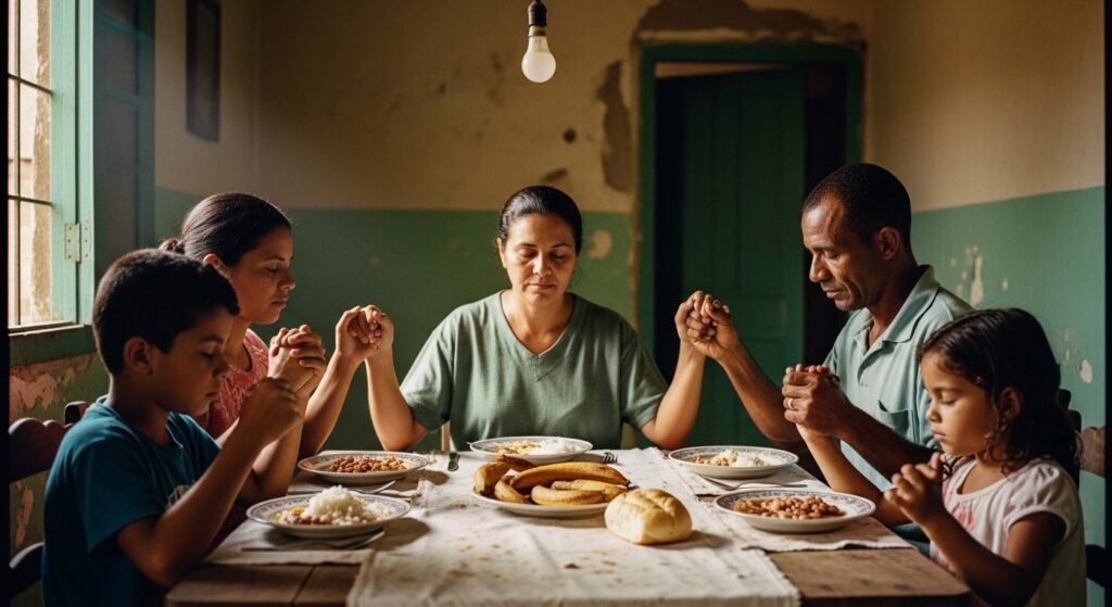 Família cubana em oração, representando os cristãos que sofrem em Cuba que enfrentam crise econômica